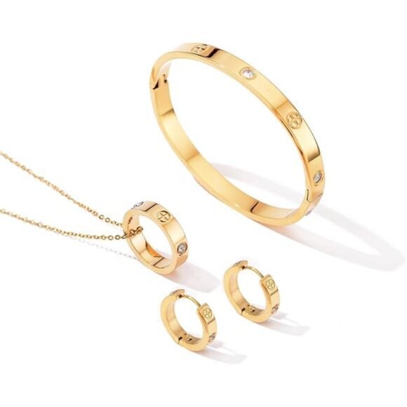 Gold-Tone Screw Design Jewelry Set – Necklace, Earrings & Bangle Bracelet - Picture 4 of 5